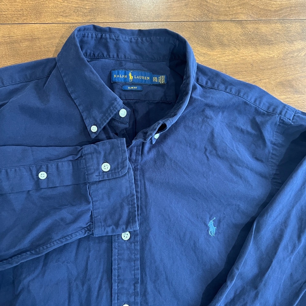 Polo Ralph Lauren Mens XXL Navy Blue Slim Fit Cotton Button Down Shirt LS